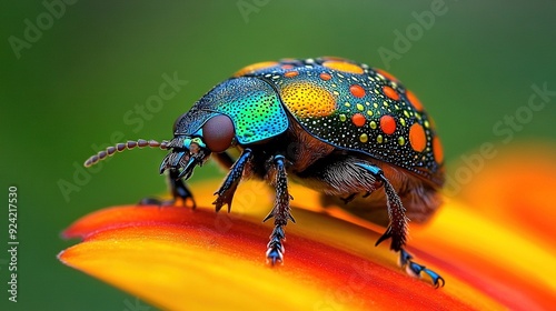  A macro shot of a vibrant insect perched on a sun-kissed blossom, adorned with droplets