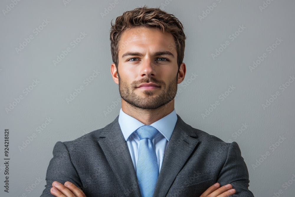 Confident young man in a gray suit exuding modern style and professionalism ideal for business and corporate fashion imagery Confident young man in a gray suit exuding modern style and professionalism ideal for business and corporate fashion imagery