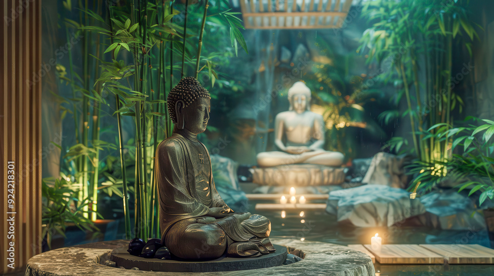 Tranquil Buddha Statues in a Serene Garden Setting Tranquil Buddha Statues in a Serene Garden Setting
