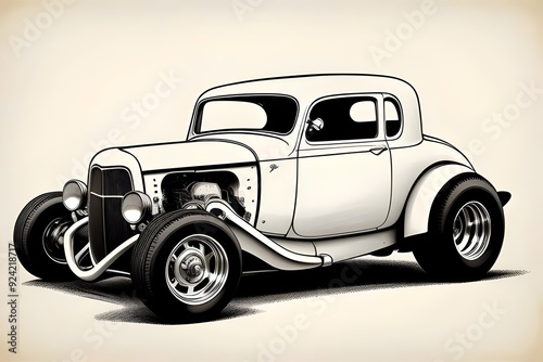 illustration of a fictional, unbranded, custom, vintage, antique, hot rod, car, unique, modified, stylized, handcrafted, artistic, restored, nostalgic, bespoke, collectible, timeless, elegant, ornate photo