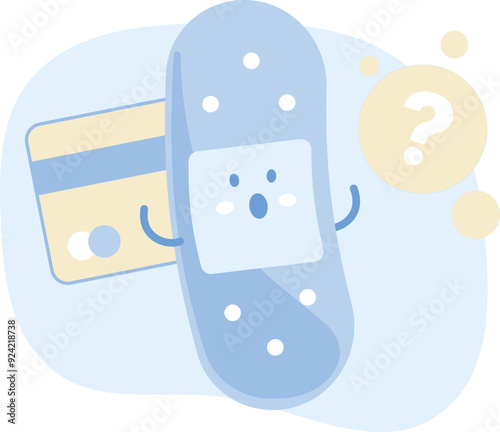 Creative vector illustration of a bandage character with a confused expression about credit cards. Suitable for medical or health content illustration, flyer design, poster, or digital print media.