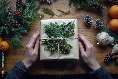 Hands holding a gift wrapped in natural paper with festive greenery and twine photo