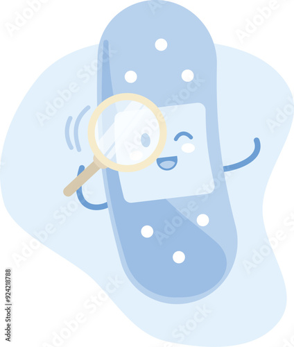 Vector illustration of bandage character holding a magnifying glass. Illustration could represent concepts related to healthcare costs, insurance, or budgeting for medical expenses.