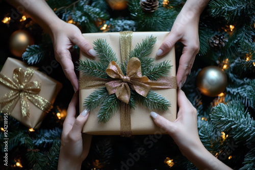 Christmas gift with golden bow in hand photo