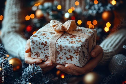 Holiday gift with snowflake design and gold ribbon held by hands photo