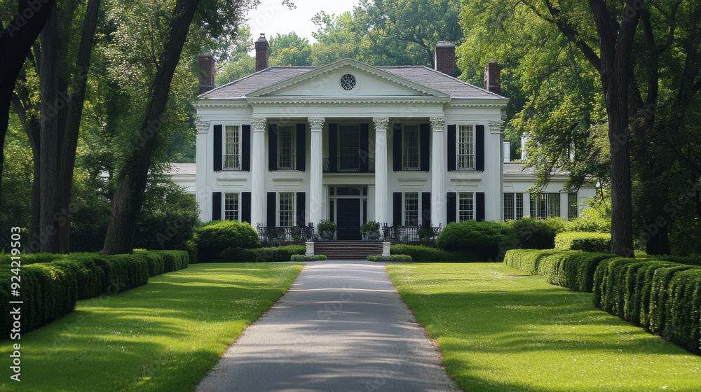 A large house with a long driveway and a lush green lawn. The house has a lot of windows and a lot of trees in the background A large house with a long driveway and a lush green lawn. The house has a lot of windows and a lot of trees in the background