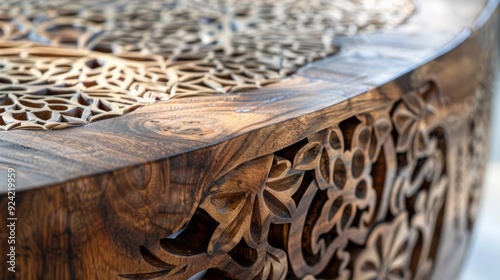 A sleek wooden coffee table with a smooth polished surface and intricate carved details