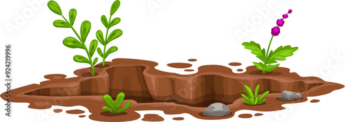 Hole pit in ground, deep dirty burrow in soil earth with stones and plants, cartoon vector. Dig pit hole hollow or underground burrow of groundhog and mole rodent animal in garden or forest ground