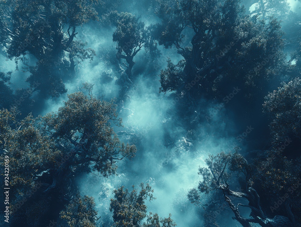 Obraz premium Aerial View of Misty Forest Canopy at Dawn: Trees Cloaked in Fog Creating a Mystical and Enchanting Natural Landscape Scene