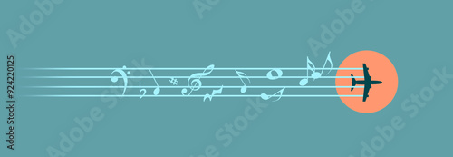 Quadro em tela Musical notes and symbols are seen on the stream of exhaust or vapor trail of an airliner in an illustration about in-flight entertainment on airplances