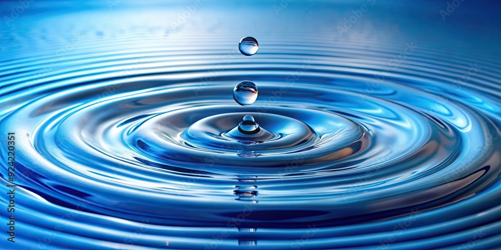 Top view of multiple drops falling in water creating waves on blue background Top view of multiple drops falling in water creating waves on blue background