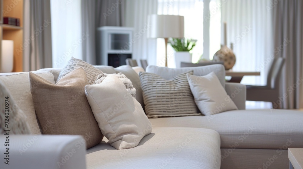 A minimalist living room with a sleek gray sofa adorned with neutral textured accent pillows in varying shades of beige and cream. A minimalist living room with a sleek gray sofa adorned with neutral textured accent pillows in varying shades of beige and cream.