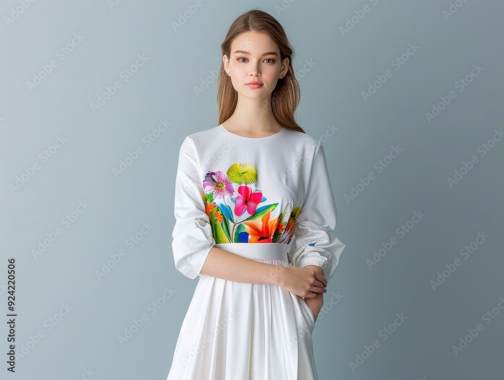 Elegant Woman in White Dress with Floral Embroidery Elegant Woman in White Dress with Floral Embroidery