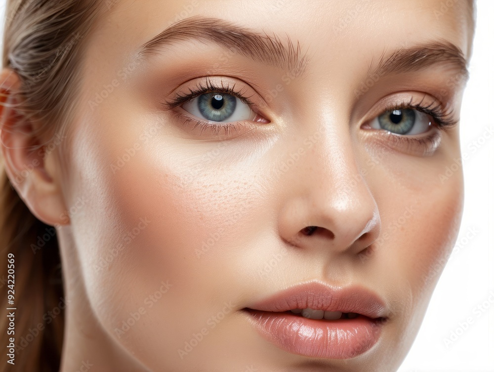 Close-up of a Woman's Face with Soft Makeup and Blue Eyes