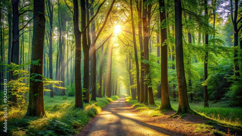 A serene path in the woods surrounded by tall trees and dappled sunlight shining through the leaves, nature, trees, forest A serene path in the woods surrounded by tall trees and dappled sunlight shining through the leaves, nature, trees, forest