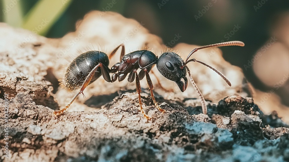Two ants on top of dirt beside a rock Two ants on top of dirt beside a rock