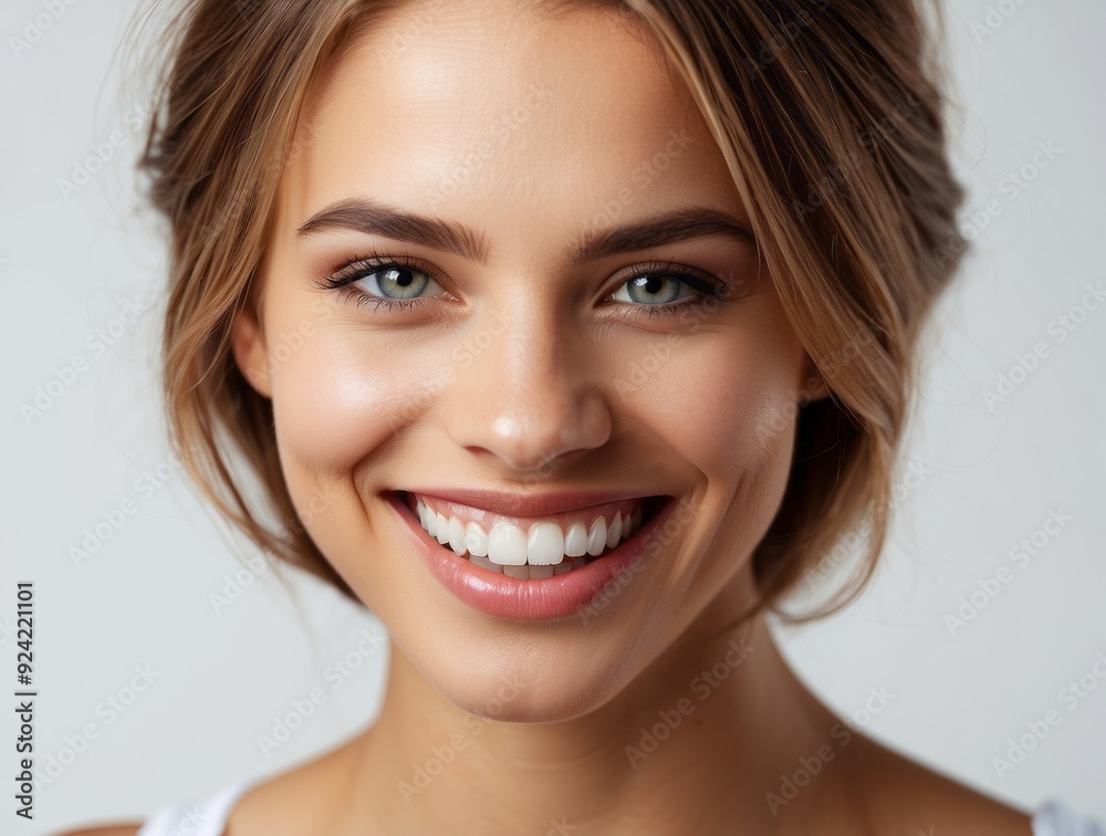 Fototapeta premium Close-up Portrait of a Smiling Woman with Blonde Hair and Blue Eyes
