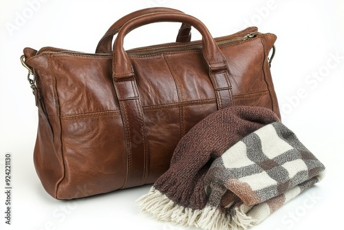 A luxurious brown leather travel bag with a wool scarf draped over it representing style and sophistication in travel accessories for the modern man