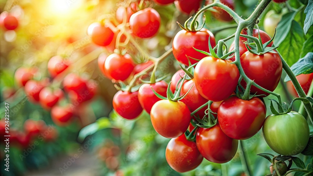 Fresh red tomatoes growing on the vine , organic, ripe, agriculture, farm, gardening, produce, healthy, natural, summer Fresh red tomatoes growing on the vine , organic, ripe, agriculture, farm, gardening, produce, healthy, natural, summer