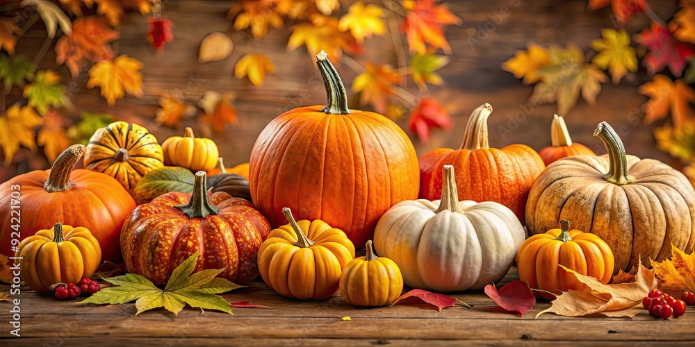 A beautifully arranged display of pumpkins surrounded by autumn leaves , fall, seasonal, harvest, autumn, orange, gourds A beautifully arranged display of pumpkins surrounded by autumn leaves , fall, seasonal, harvest, autumn, orange, gourds