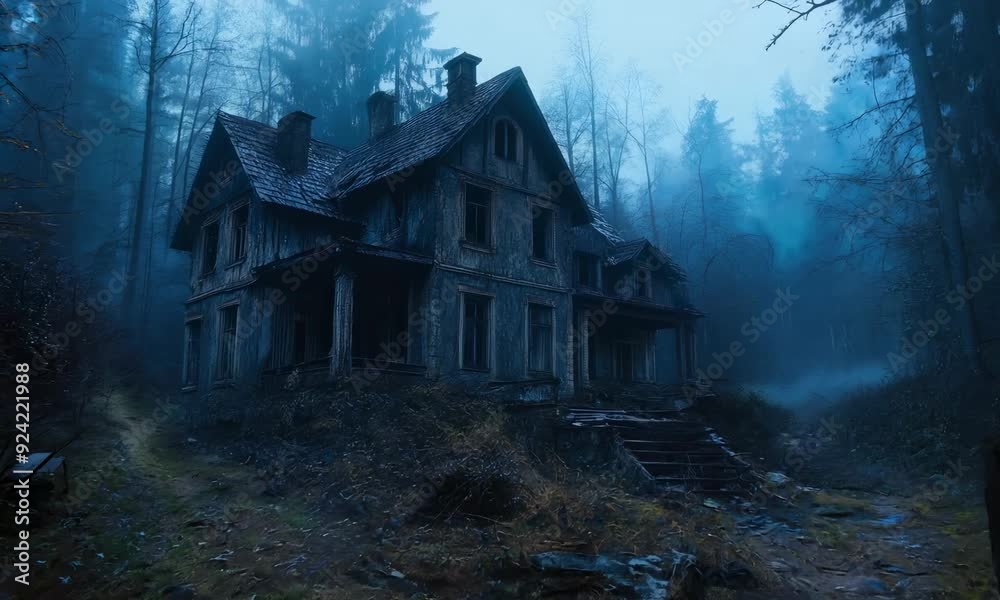 Abandoned two-story house in misty, dense forest Abandoned two-story house in misty, dense forest