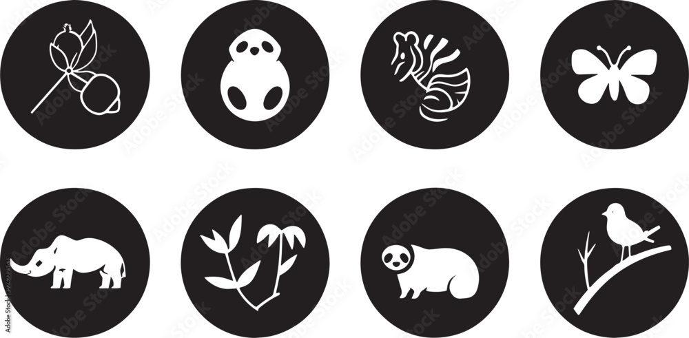 A straightforward vector icon set with a wildlife protection, biodiversity, renewable resources, and pollution prevention .icons in black and white style with isolated on white A straightforward vector icon set with a wildlife protection, biodiversity, renewable resources, and pollution prevention .icons in black and white style with isolated on white