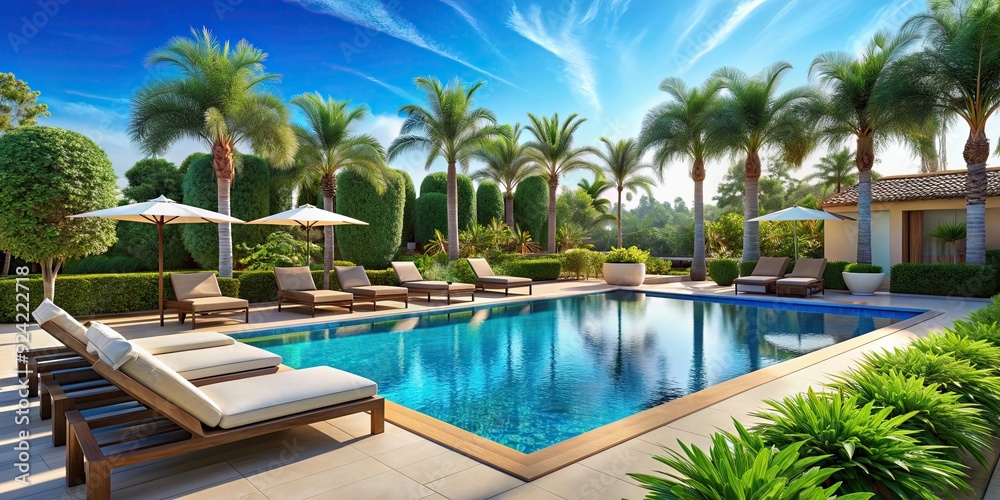Fototapeta premium Luxurious summer resort poolside with modern amenities, lush greenery, and ultimate relaxation , vacation, poolside