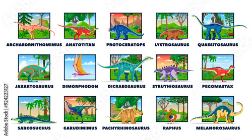 Cartoon prehistoric dinosaurs set showcasing dino species with names, against vibrant landscape backgrounds depicting their natural habitats. Vector cards for educational learning, fun games or books photo