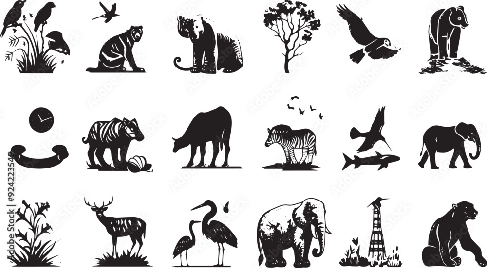 Obraz premium A straightforward vector icon set with a wildlife protection, biodiversity, renewable resources, and pollution prevention .icons in black and white style with isolated on white