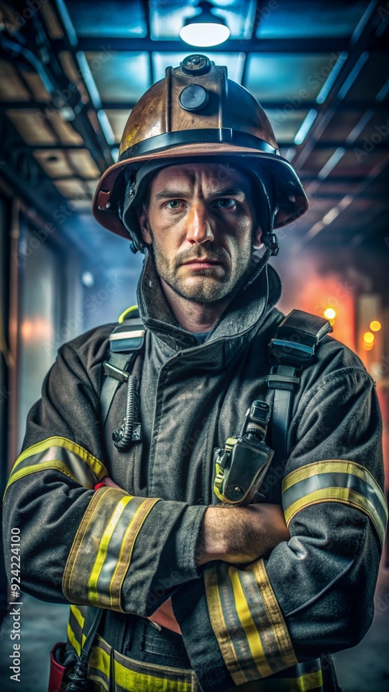 Portrait of a firefighter, in uniform, dramatic lighting, fire station setting, heroic mood. Portrait of a firefighter, in uniform, dramatic lighting, fire station setting, heroic mood.