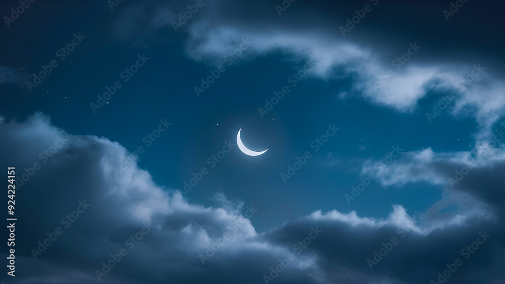 A serene night sky filled with deep blue and dark gray clouds A serene night sky filled with deep blue and dark gray clouds