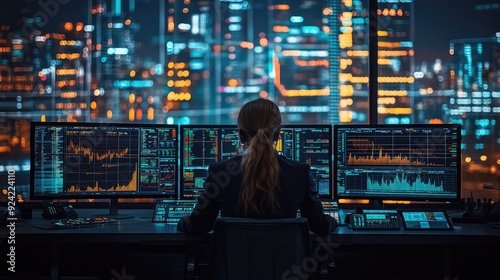 5-10 business professionals engaged in a digital trading session, with graphs and stock charts displayed on large monitors. The setting is a high-tech office environment