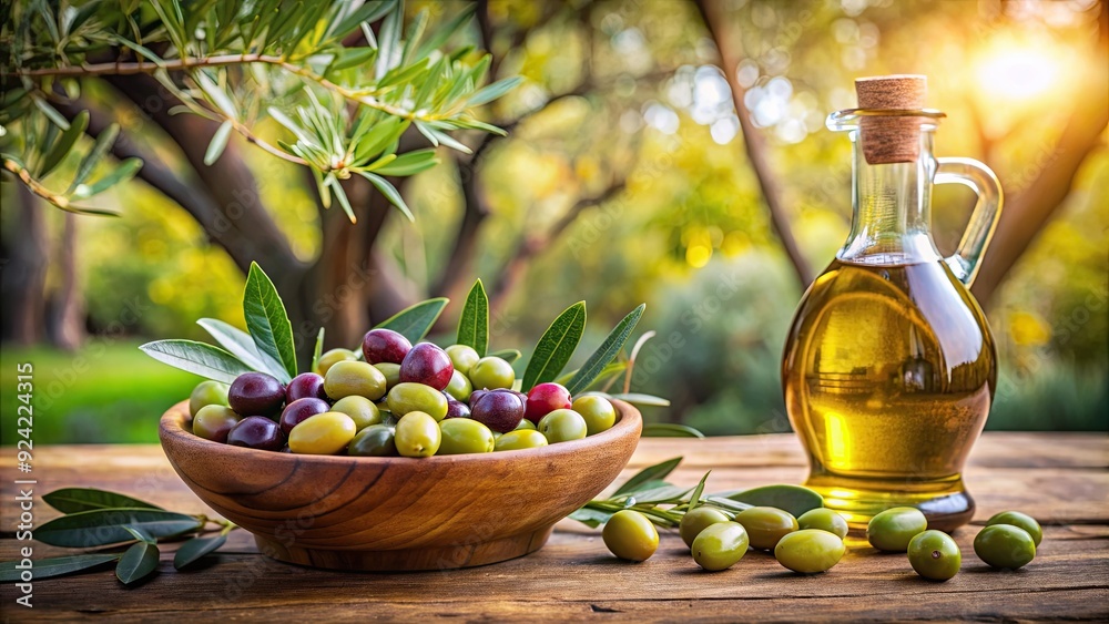 Fresh olives in a bowl with a bottle of extra virgin olive oil against olive trees in the background, olive, fresh, bowl Fresh olives in a bowl with a bottle of extra virgin olive oil against olive trees in the background, olive, fresh, bowl
