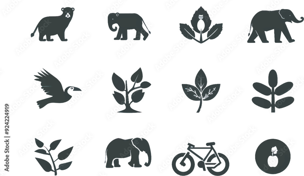 Obraz premium A straightforward vector icon set with a wildlife protection, biodiversity, renewable resources, and pollution prevention .icons in black and white style with isolated on white
