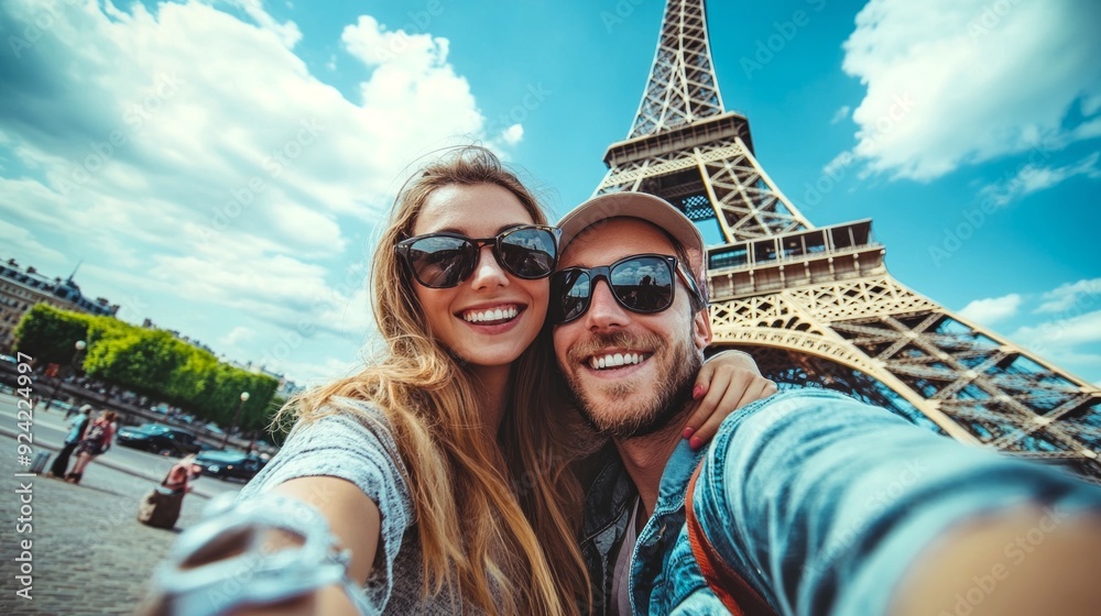A joyful couple takes a selfie in front of the Eiffel Tower. They share smiles and happiness, showcasing their love for travel and adventure. This image captures the essence of romance. AI A joyful couple takes a selfie in front of the Eiffel Tower. They share smiles and happiness, showcasing their love for travel and adventure. This image captures the essence of romance. AI