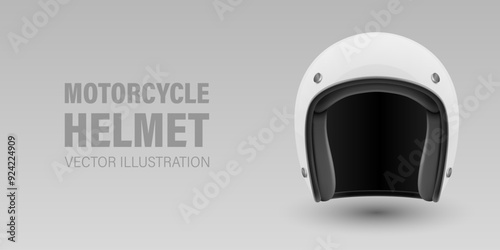 Vector 3d Realistic Blank White Glossy Classic Vintage Open-Face Motorbike Helmet Design Template for Mockup. Front View. Motorcycle Helmet Icon, Closeup, Isolated