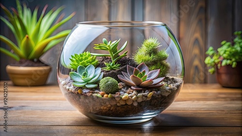 Succulent terrarium in a glass vase with miniature plants, creating a beautiful indoor garden, succulent photo