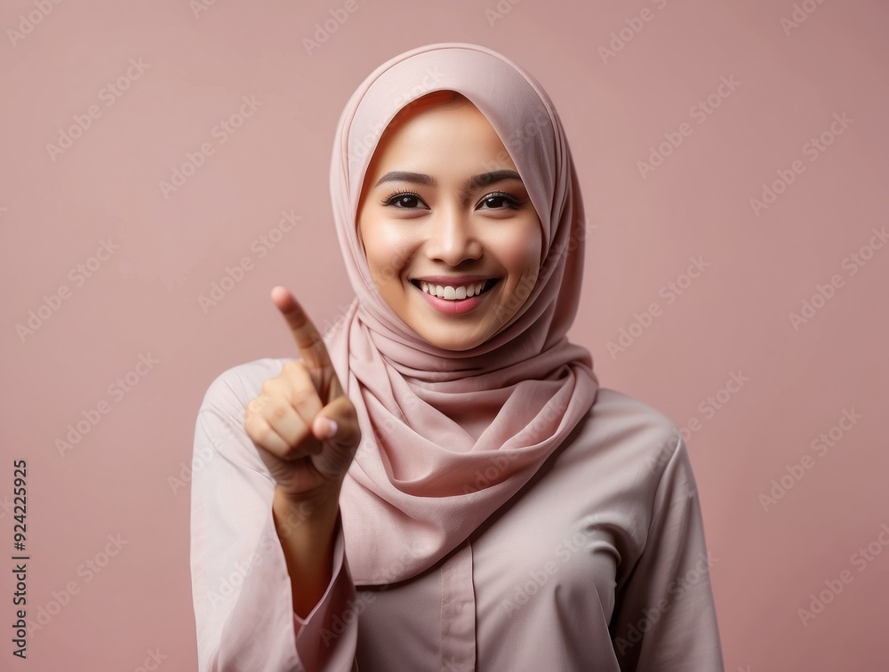 Smiling Woman in Pink Hijab Pointing Upwards Smiling Woman in Pink Hijab Pointing Upwards