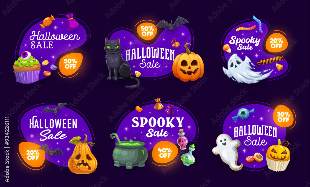 Fototapeta premium Halloween sale banners and labels. Set of holiday badges with cartoon ghosts, black cat, sweets, pots and pumpkins. Vector spooky promo tags for seasonal discount, festive clearance event and party