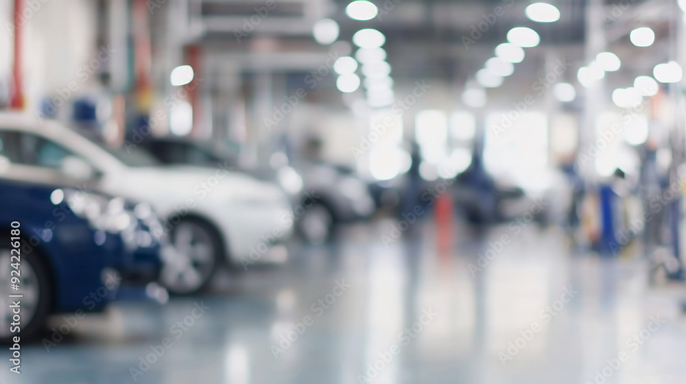 Blurred background of an auto repair shop with cars on lifts and mechanics working in the garage Blurred background of an auto repair shop with cars on lifts and mechanics working in the garage