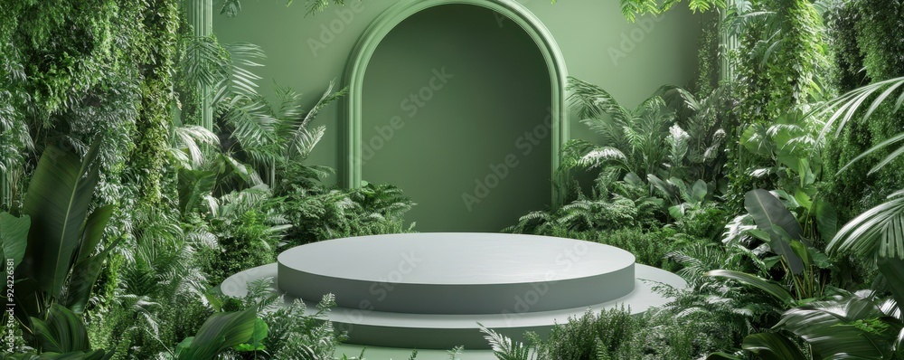 A vibrant green scene featuring lush foliage, a circular podium, and an elegant arch, perfect for nature-themed presentations. A vibrant green scene featuring lush foliage, a circular podium, and an elegant arch, perfect for nature-themed presentations.