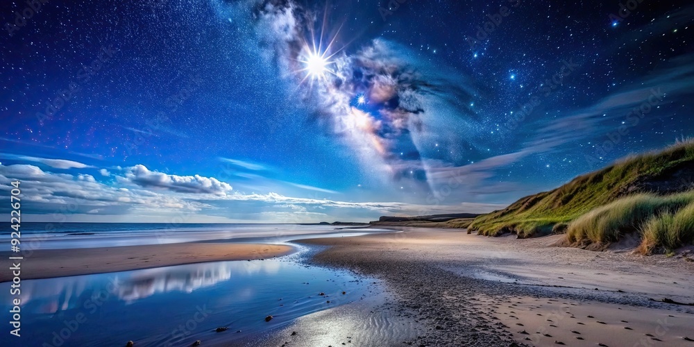 Moonlit beach on the Northumberland coast with stars in the night sky , Beach, Beadnell, Northumberland, United Kingdom Moonlit beach on the Northumberland coast with stars in the night sky , Beach, Beadnell, Northumberland, United Kingdom