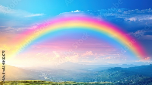  A rainbow in the sky with mountains in the background and a blue sky with clouds in the foreground