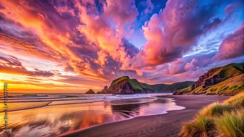 Stunning sunset over Bethells Beach with vibrant pink, violet, and orange tones in the sky , Bethells Beach, sunset, vibrant, pink photo