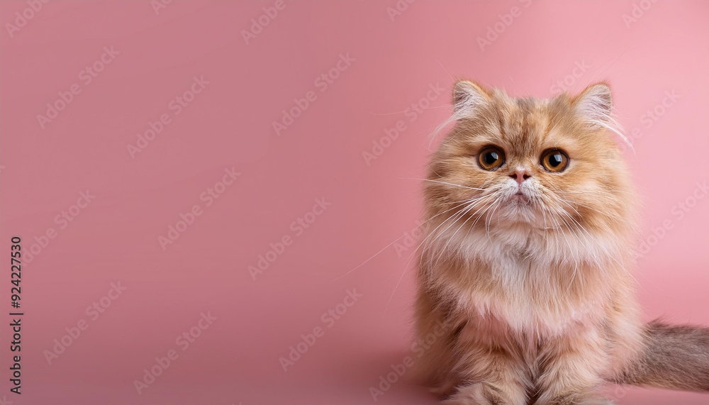 Persian cat on pastel pink background with copy space
