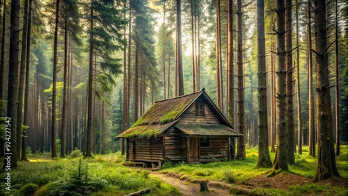 Old wooden house surrounded by tall trees in a dense forest, wood, vintage, cabin, nature, wilderness, outdoors, rural