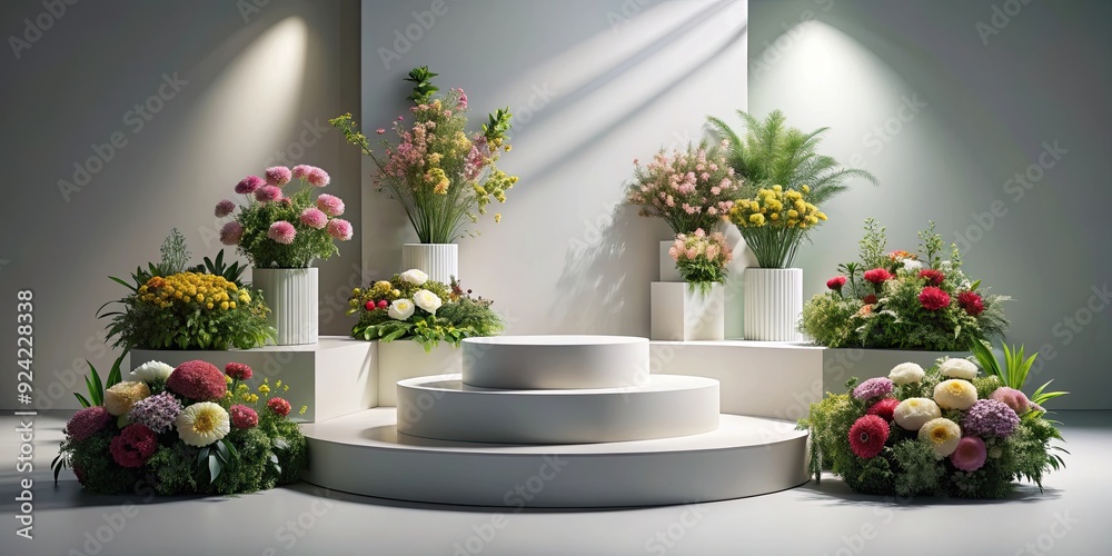 Podium with flowers for demonstrating products , showcase, mockup, background, pink, flowers, display, exhibition