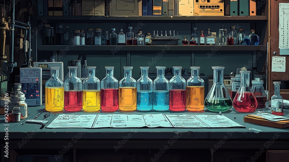 A Row of Colorful Liquids in Glass Bottles on a Lab Table A Row of Colorful Liquids in Glass Bottles on a Lab Table