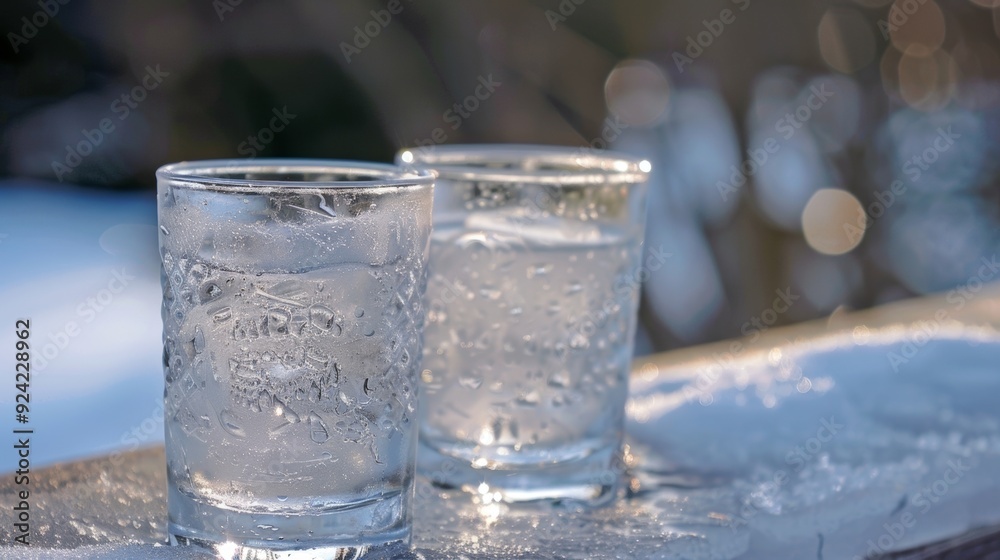 A pair of frozen glasses leftover from participants drinking ice cold water as part of the winter ice bath challenge.