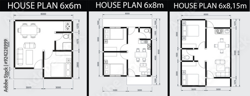 Vector design illustration of house plan size 6x6m, 6x8m, 6x8.15m. with black and white color
